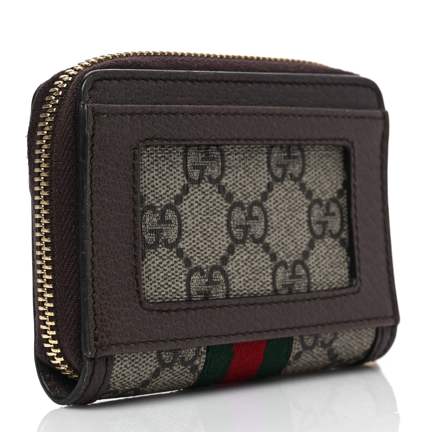 GG Supreme Monogram Textured Dollar Calfskin Web Ophidia Zip Around Card Case Wallet Beige Ebony New Acero