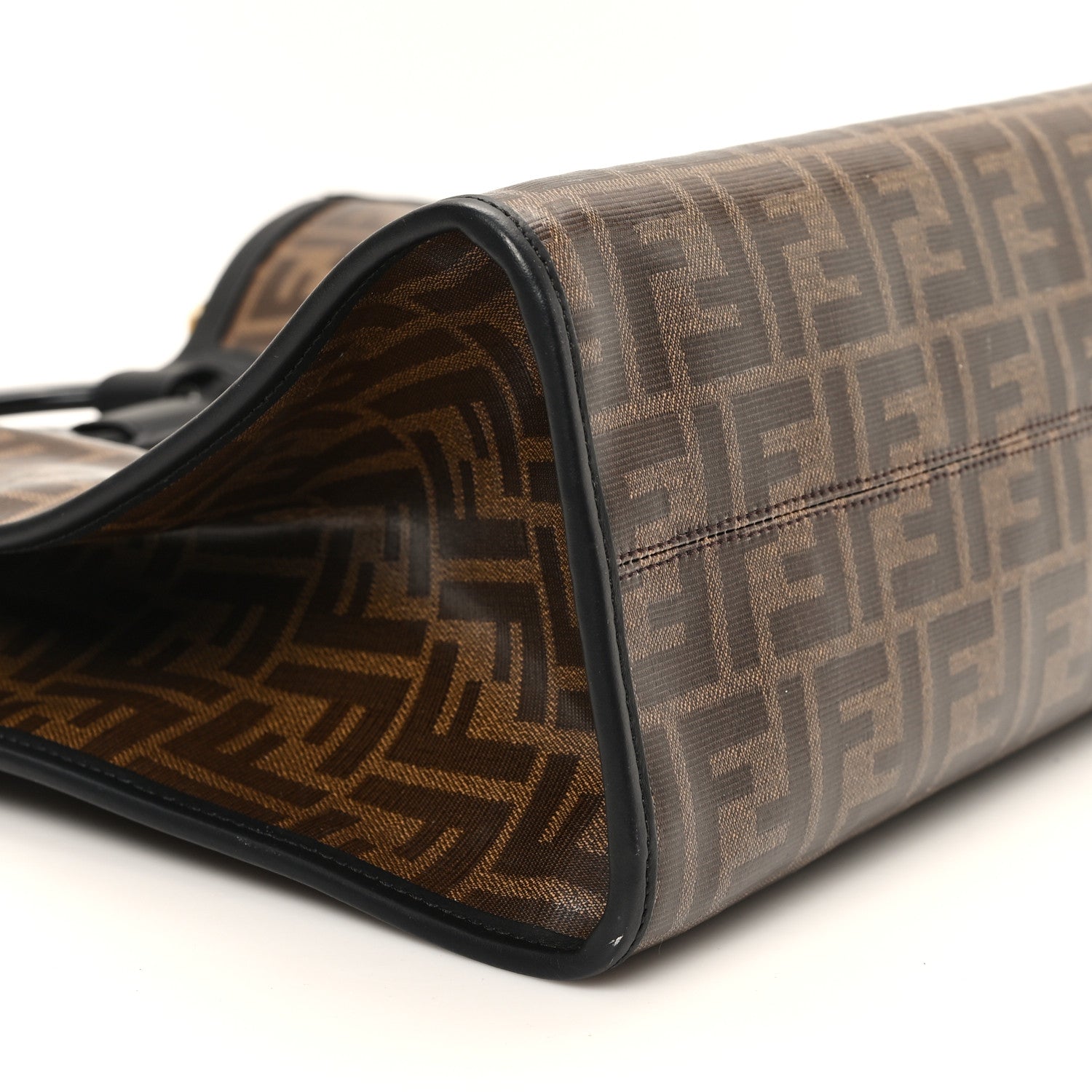 Fendi Glazed Fabric Vitello Century Plexiglass FF 1974 Stamp Patch Medium Runaway Shopper Tote Mogano Panna Black 9 of 12