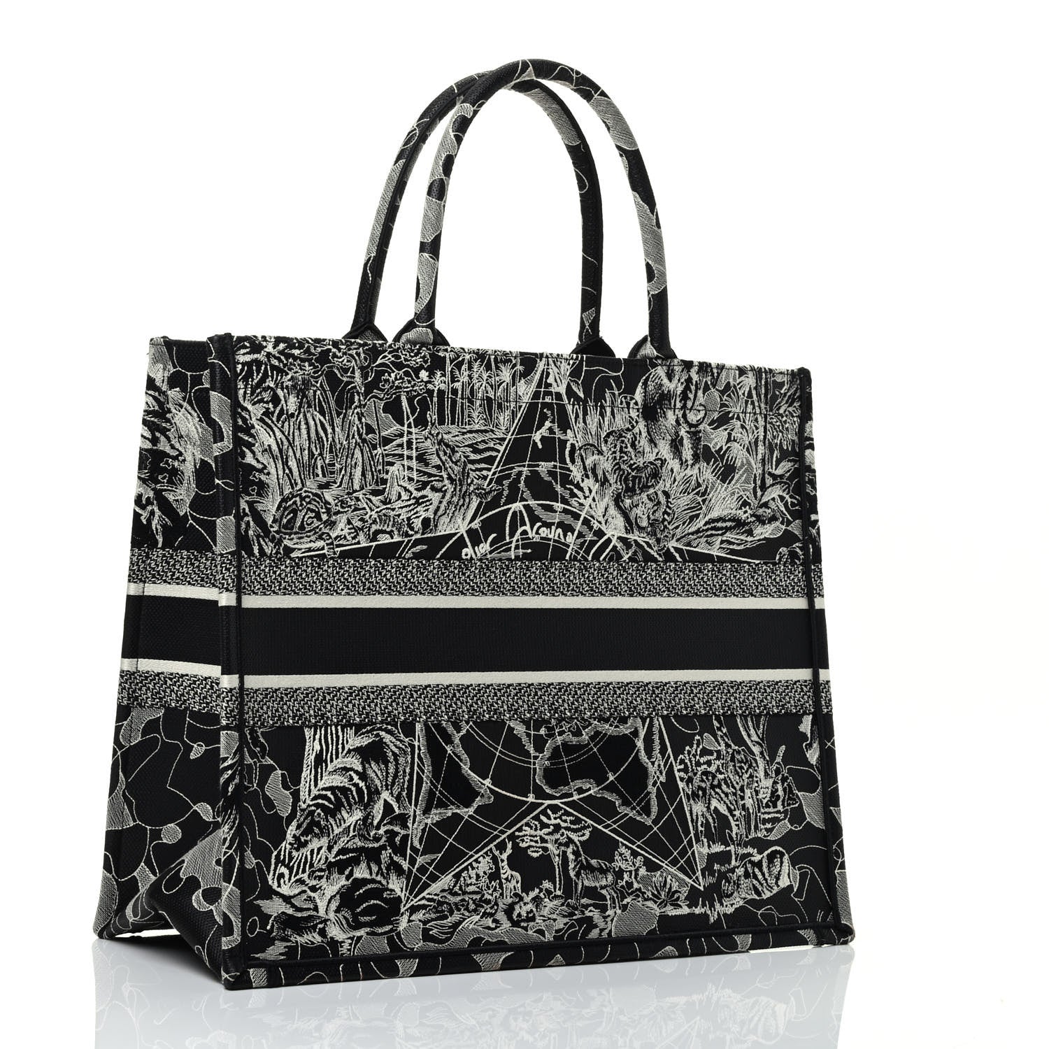 Christian Dior Canvas Embroidered Large Around The World Book Tote Black White 3 of 9