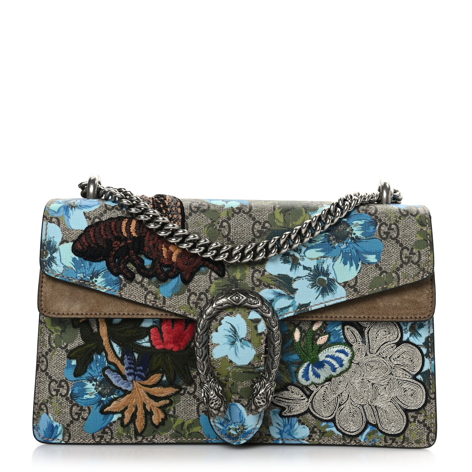 Gucci GG Supreme Monogram Blooms Print Embroidered Small Dionysus Shoulder Bag Blue Taupe 1 of 10