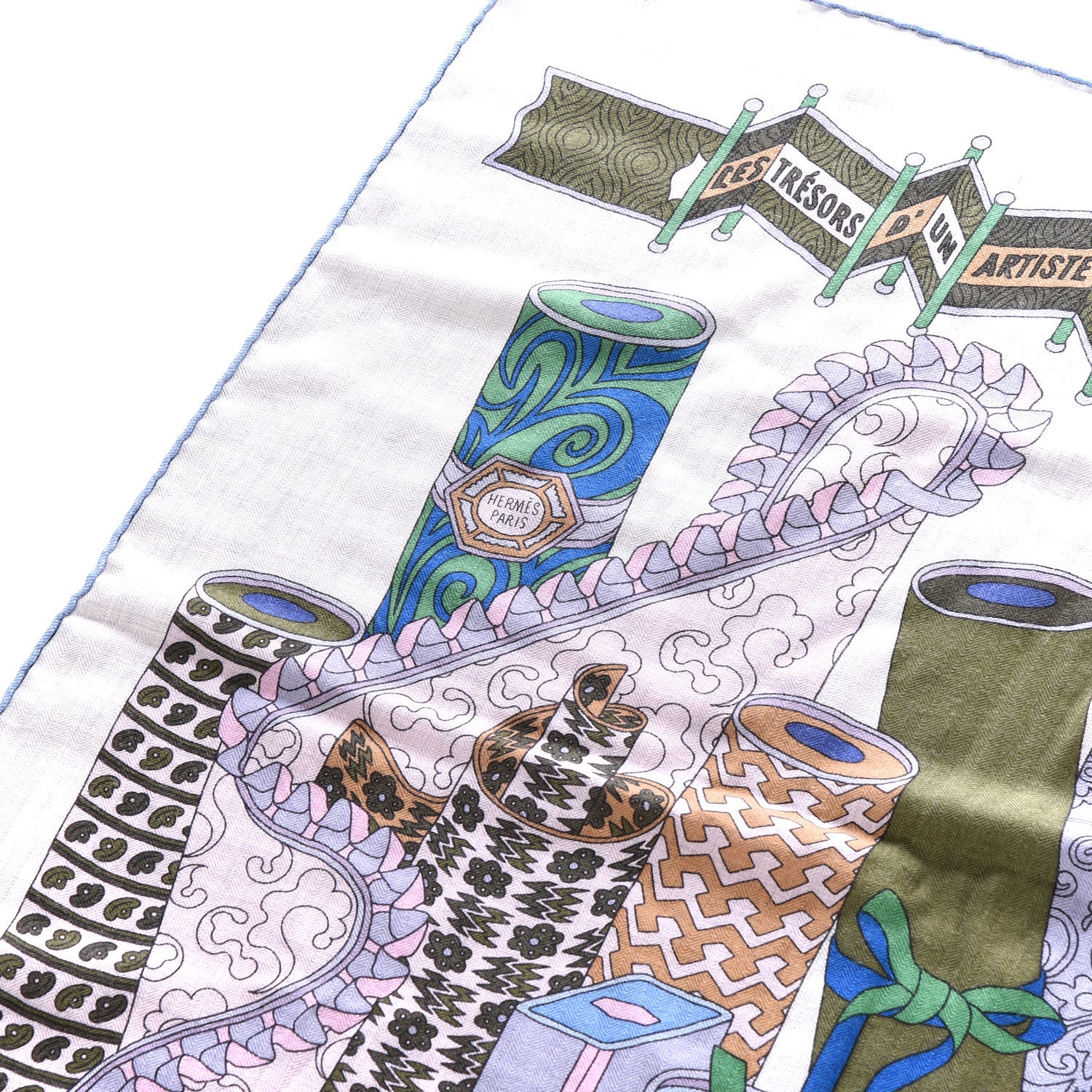 Hermes Cashmere Silk Les Tresors D Un Artiste Shawl 140 Gris Chine Ciel Rose 2 of 3