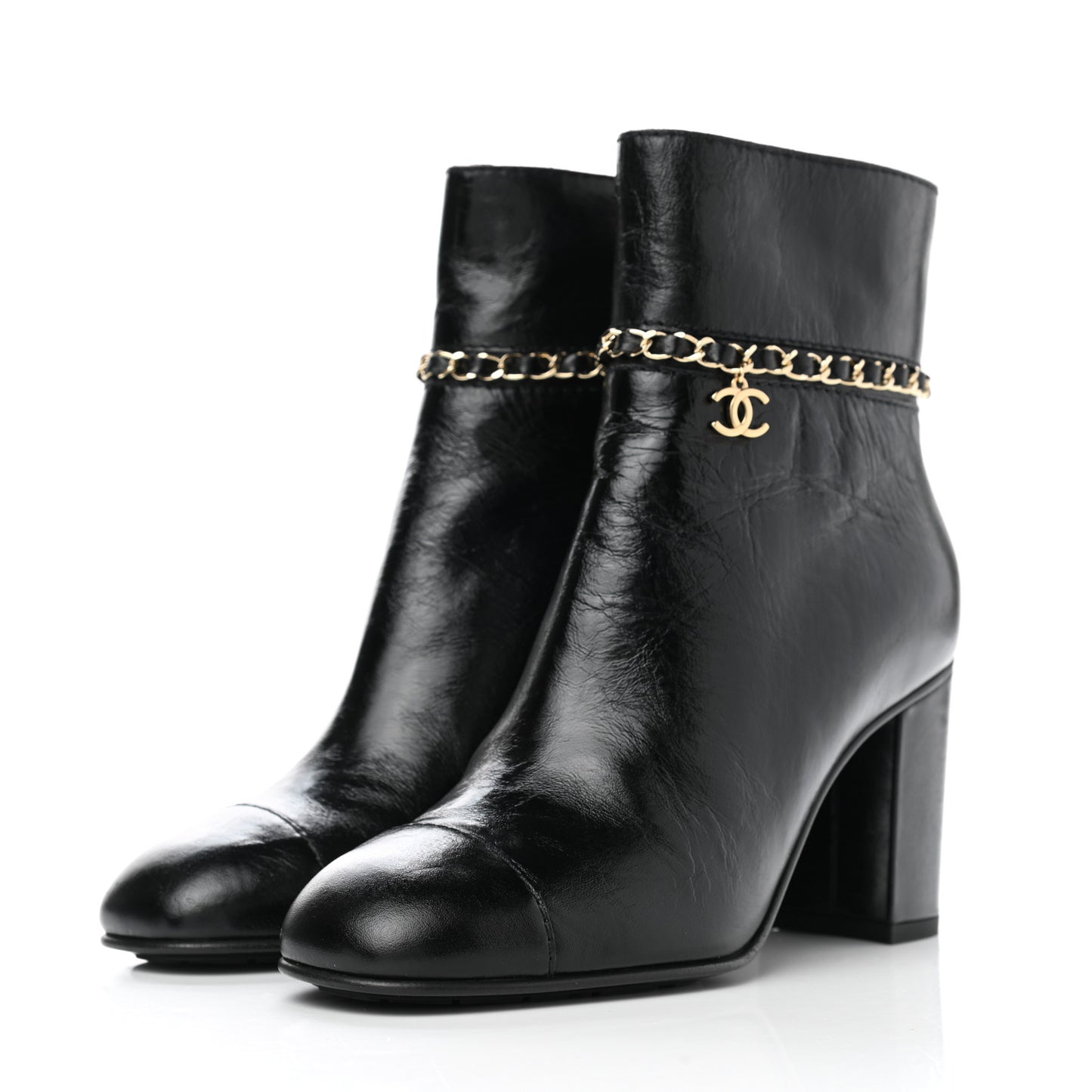 Crumpled Calfskin Cap Toe Chain Short Boots 37 Black