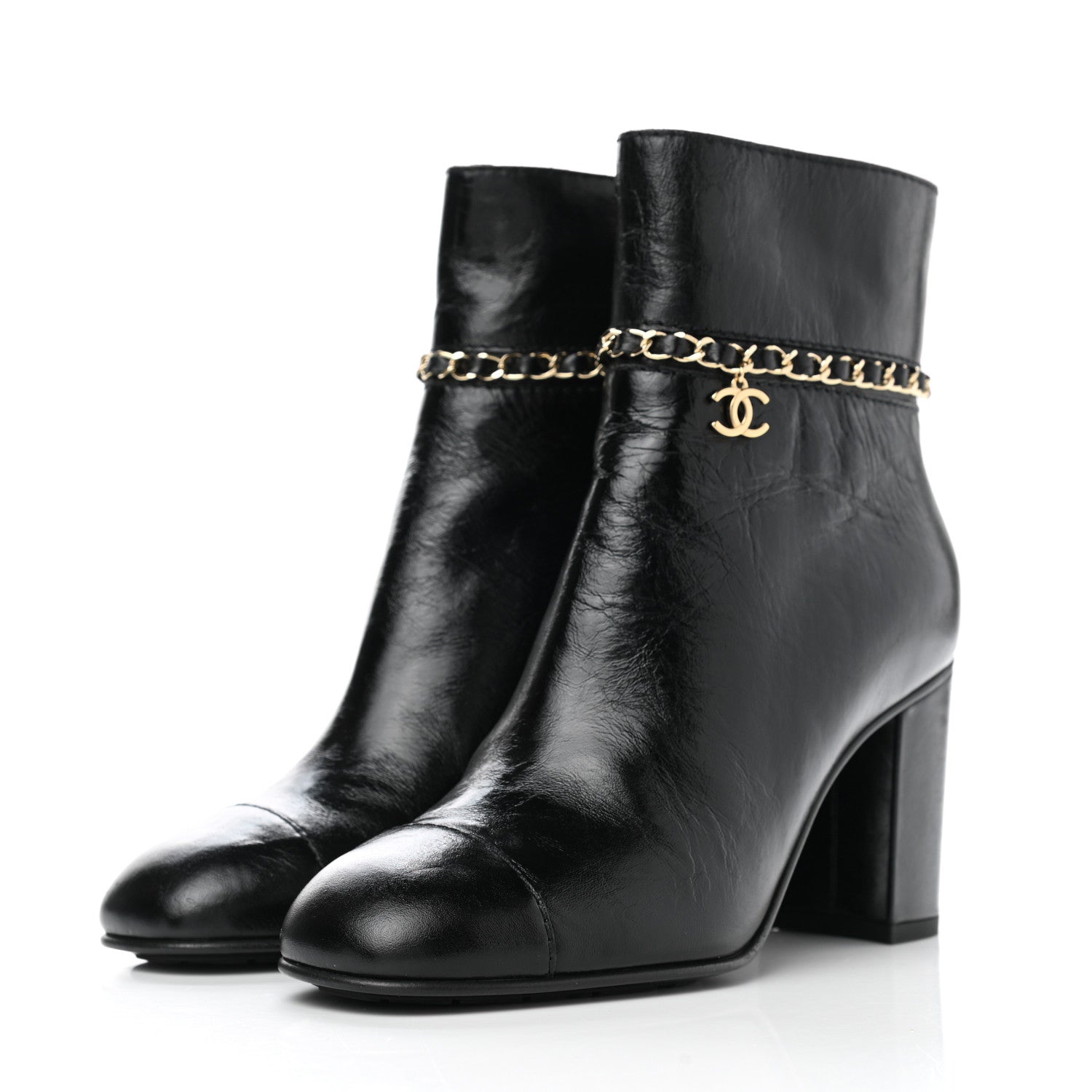 Chanel Crumpled Calfskin Cap Toe Chain Short Boots 37 Black 3 of 8