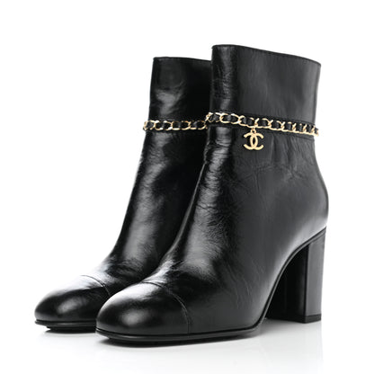 Chanel Crumpled Calfskin Cap Toe Chain Short Boots 37 Black 3 of 8