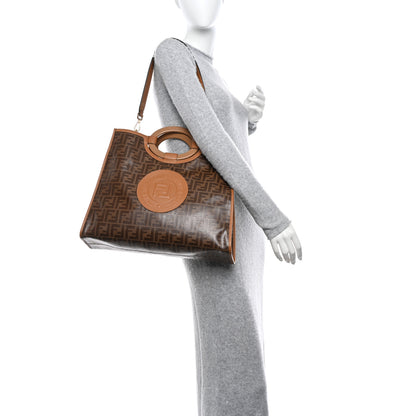 Fendi Glazed Fabric Vitello Century Plexiglass FF 1974 Stamp Patch Medium Runaway Shopper Tote Mogano Panna Nocciola 2 of 10