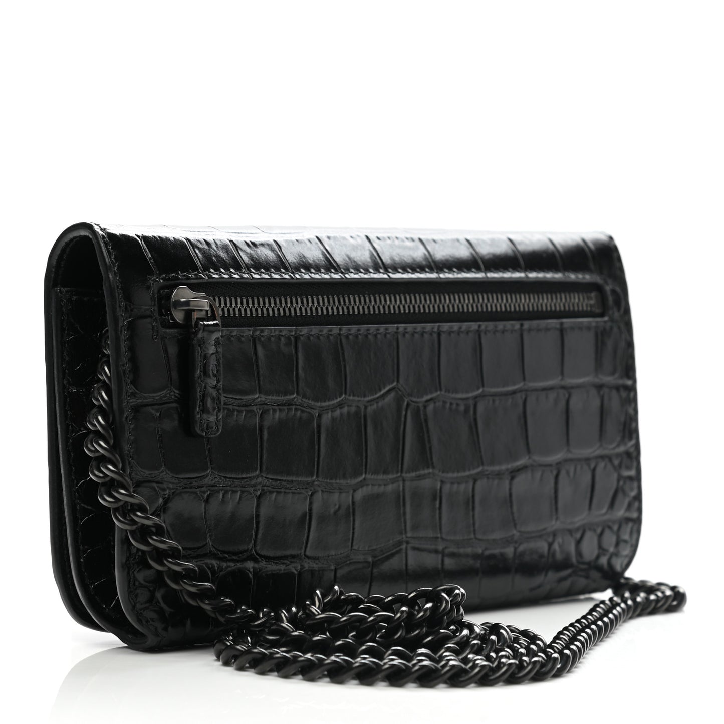 Shiny Calfskin Crocodile Embossed BB Phone Holder Wallet On Chain Black