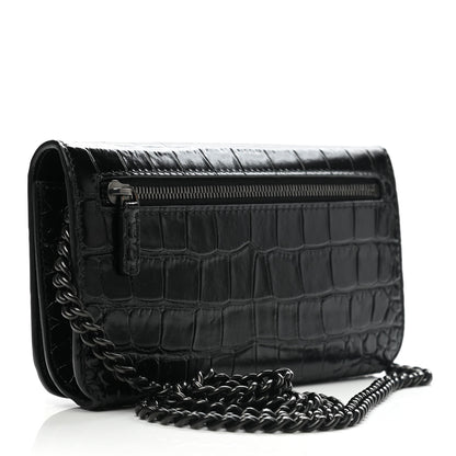 Balenciaga Shiny Calfskin Crocodile Embossed BB Phone Holder Wallet On Chain Black 2 of 7