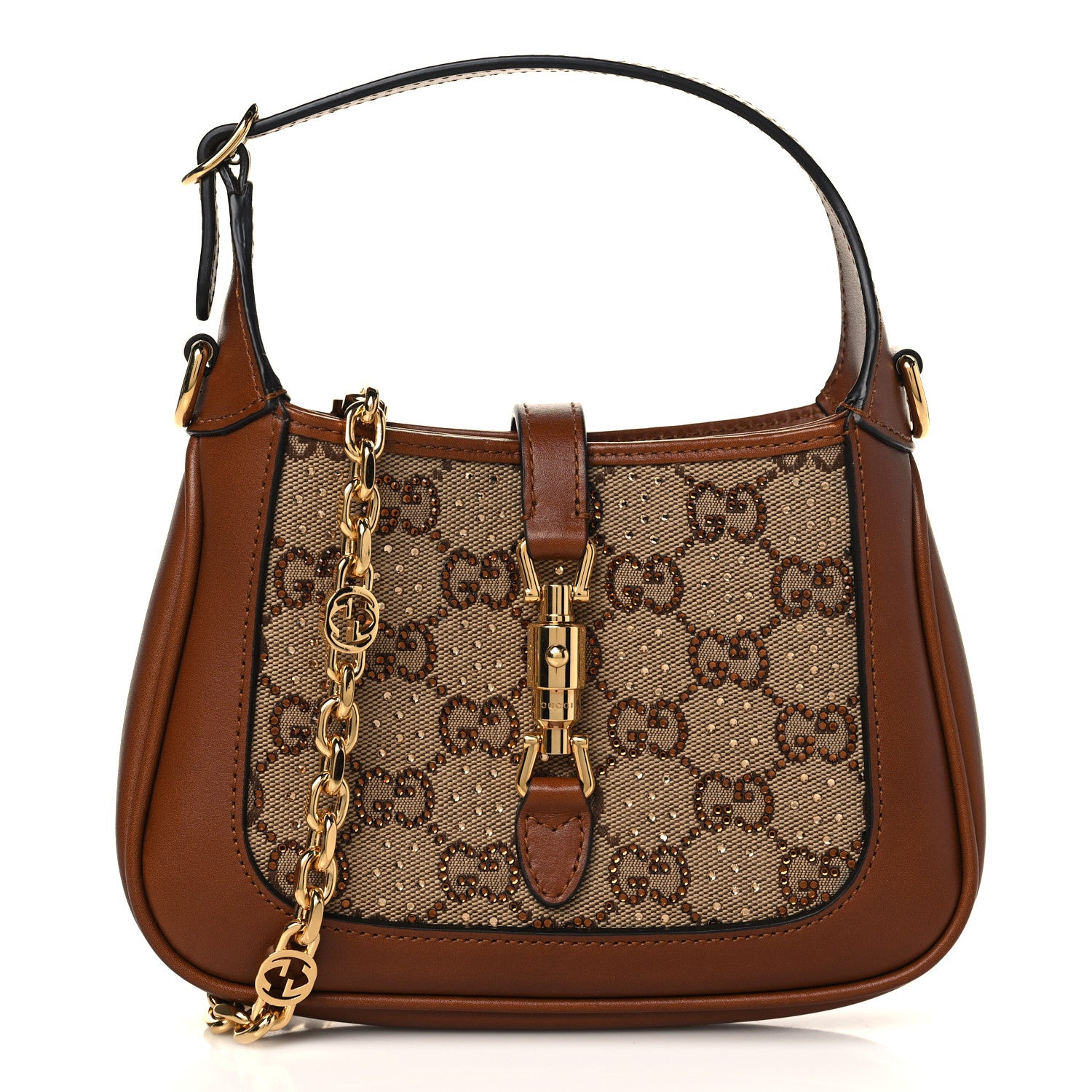 Gucci New Canvas Charisma Calfskin Crystal GG Monogram Mini Jackie 1961 Hobo Camel Ebony 1 of 8