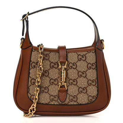Gucci New Canvas Charisma Calfskin Crystal GG Monogram Mini Jackie 1961 Hobo Camel Ebony 1 of 8