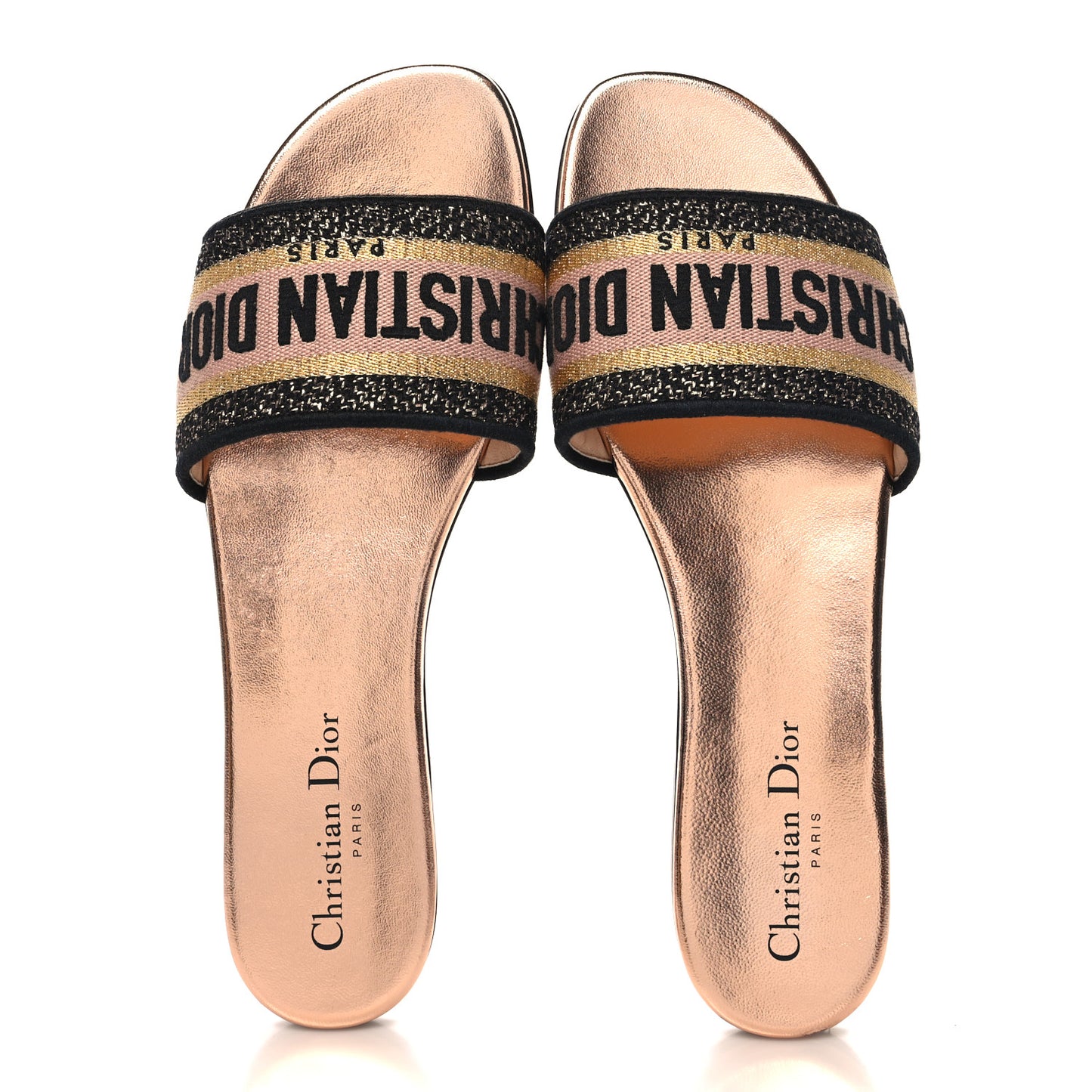 Canvas Lurex Embroidered Dway Flat Slide Sandals 40 Black Gold
