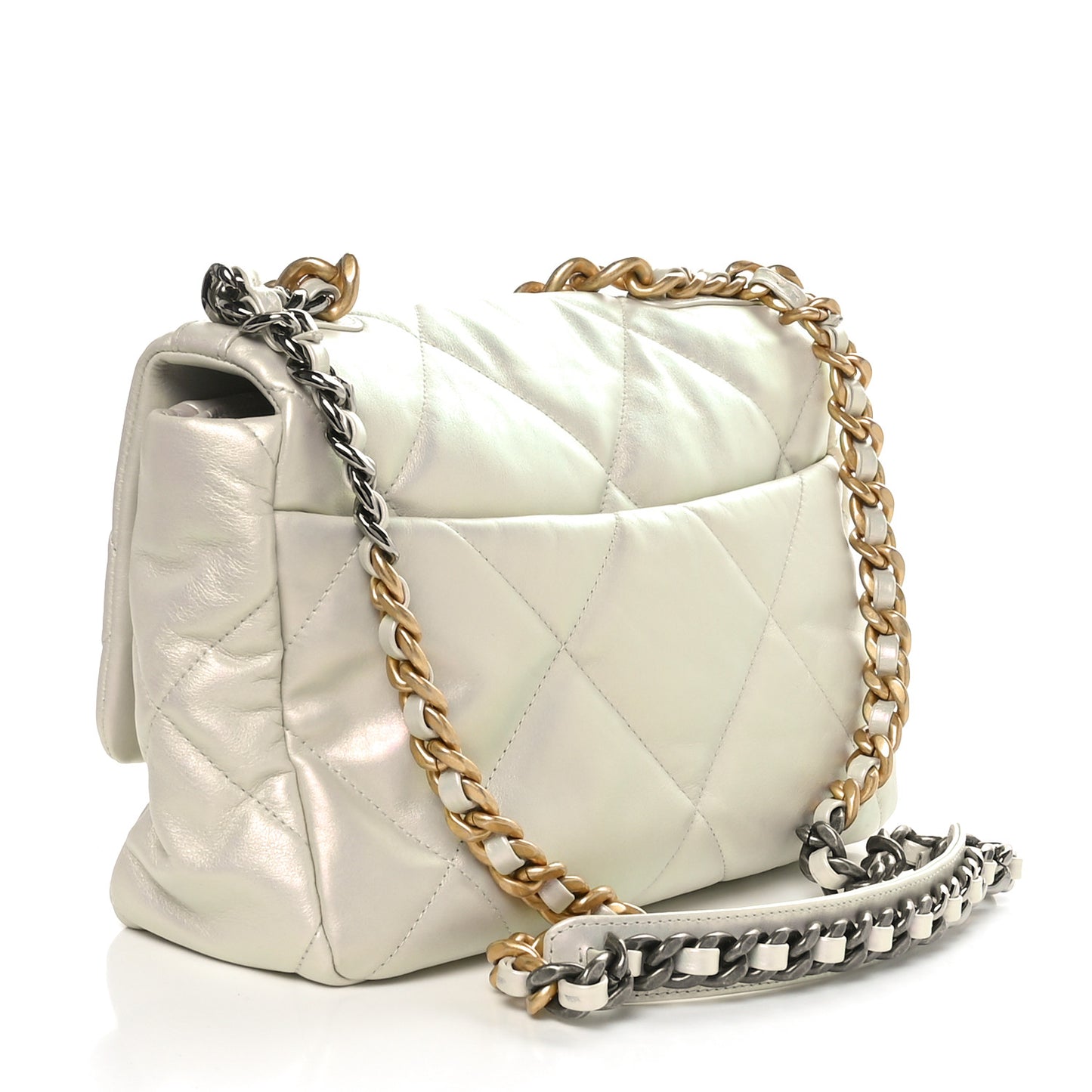 Iridescent Calfskin Quilted Large Chanel 19 Flap White