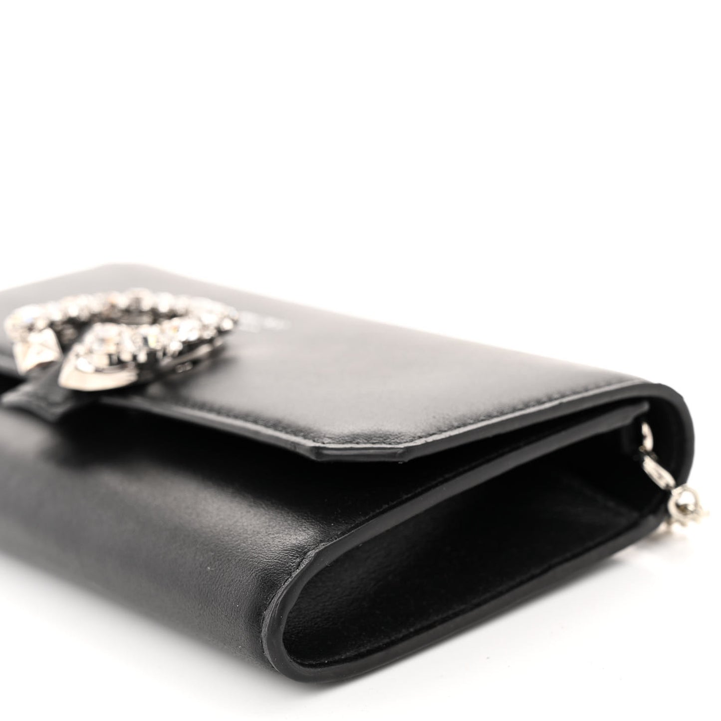 Smooth Calfskin Crystal Embellished Chain Wallet Black