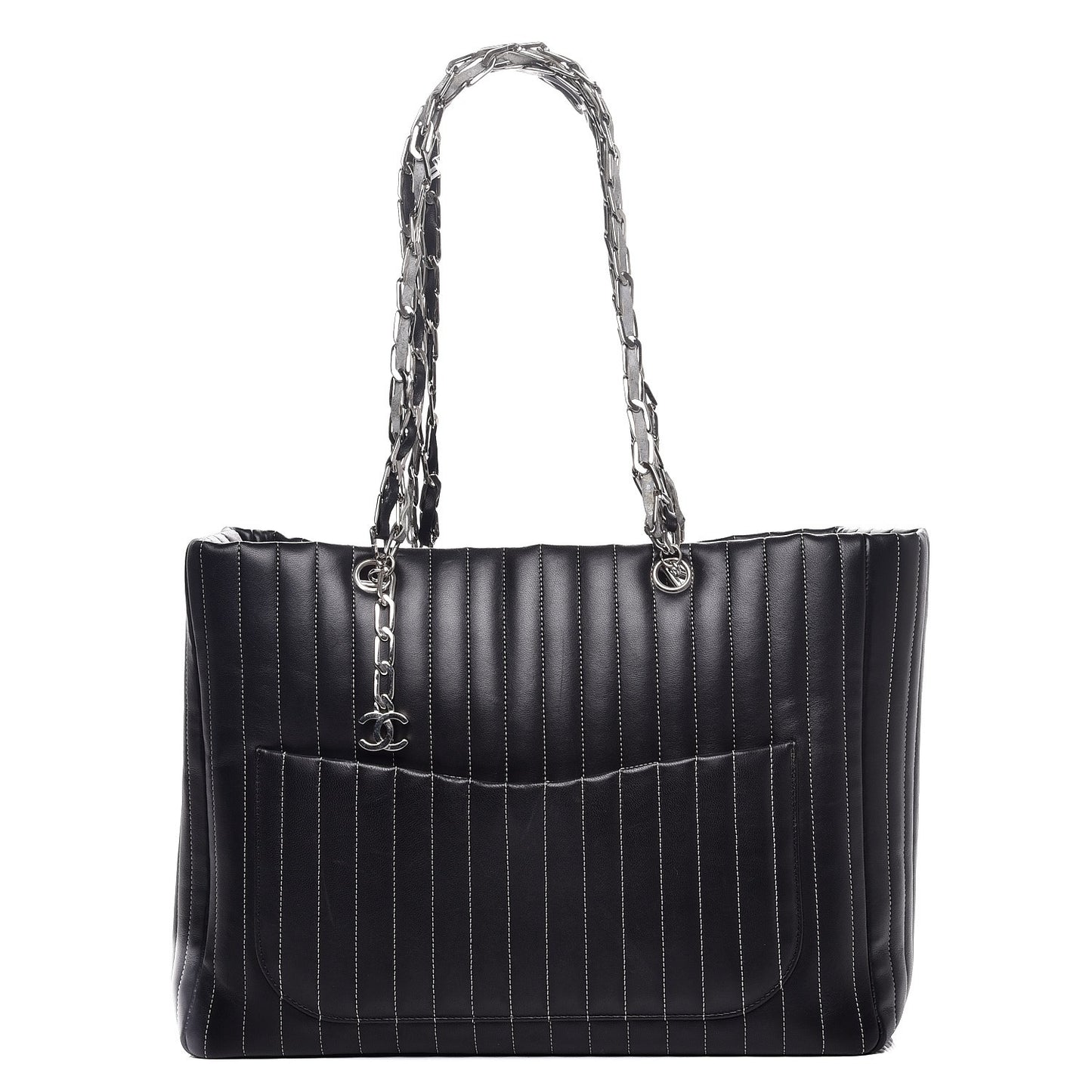 Lambskin Vertical Quilted Large Mademoiselle Tote Black