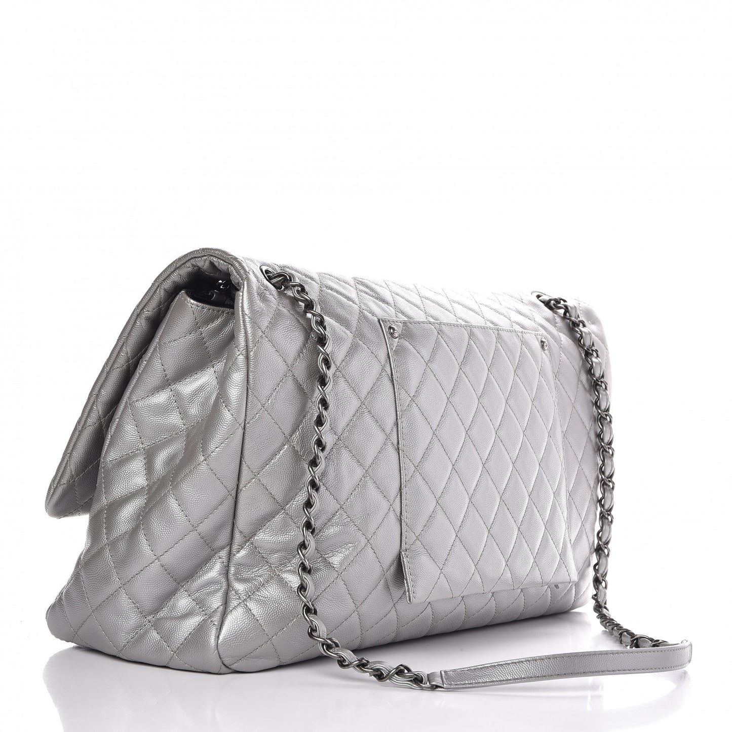 Metallic Calfskin Quilted XXL Travel Flap Bag Silver