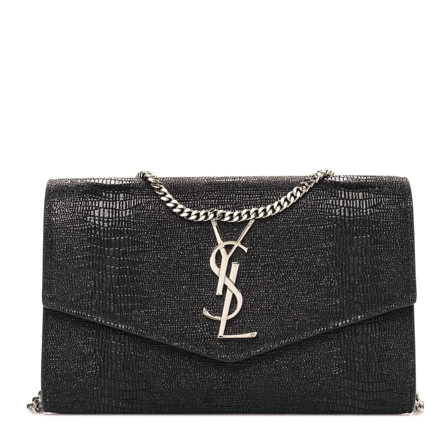 Saint Laurent Calfskin Lizard Embossed Monogram Uptown Chain Wallet Black 3 of 9
