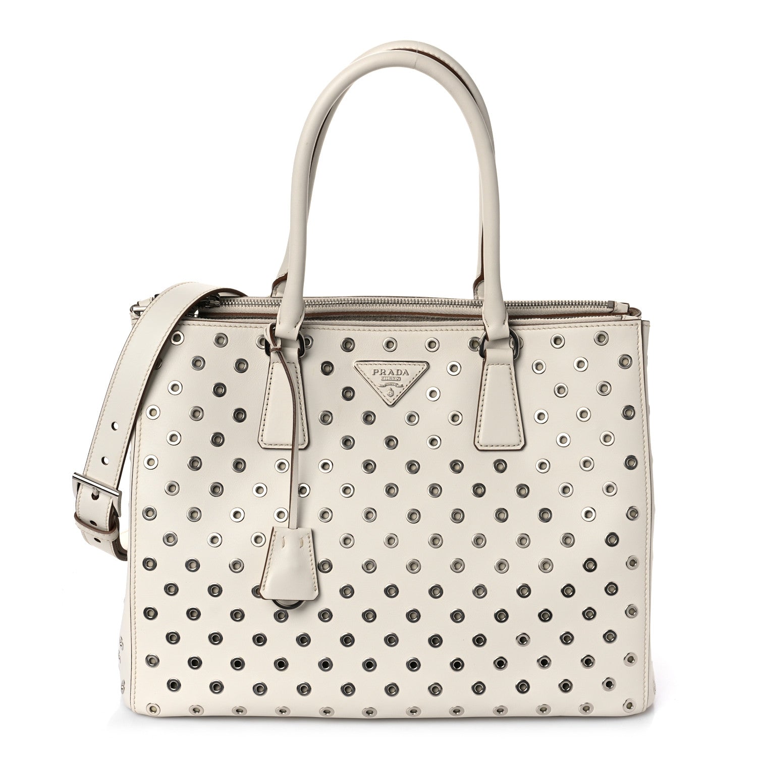 Prada City Calf Grommet Large Double Zip Tote Talco 1 of 8