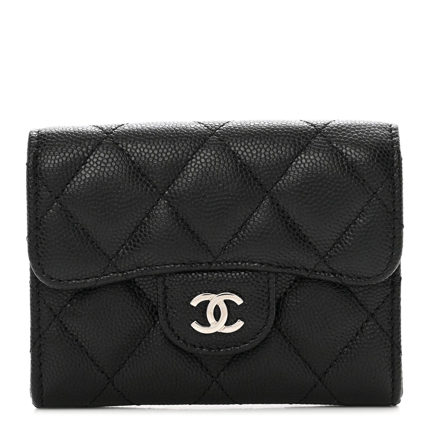 Caviar Quilted Flap Card Holder Wallet Black