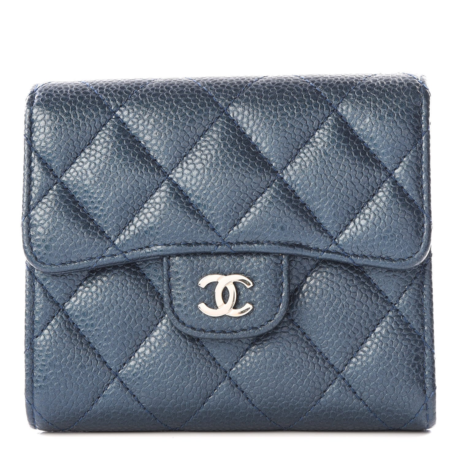 Chanel Metallic Caviar Quilted Compact Flap Wallet Dark Blue 1 of 12