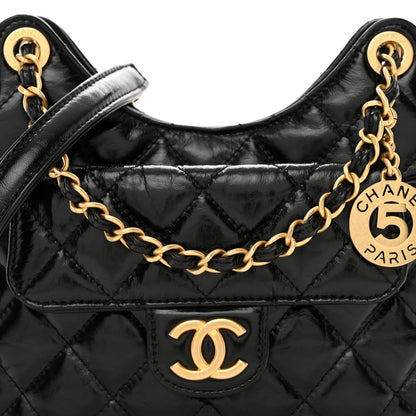 Chanel Shiny Crumpled Calfskin Quilted Small Wavy CC Hobo Black 5 of 11