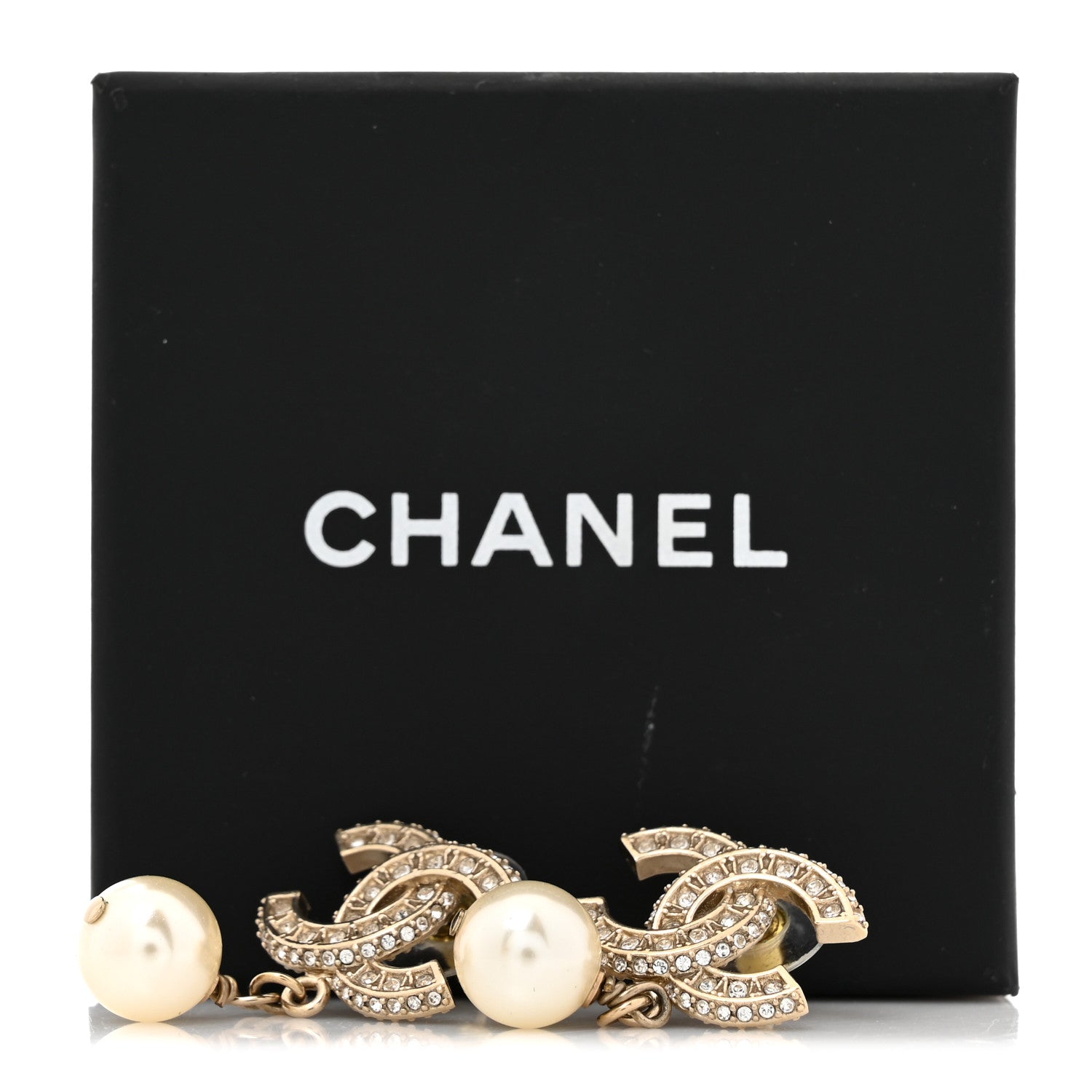 Chanel Crystal Timeless CC Pearl Drop Earrings Light Gold 5 of 5