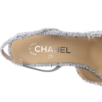Chanel Tweed Grosgrain Cap Toe CC Slingback Pumps 38.5 Grey Silver Black 7 of 15