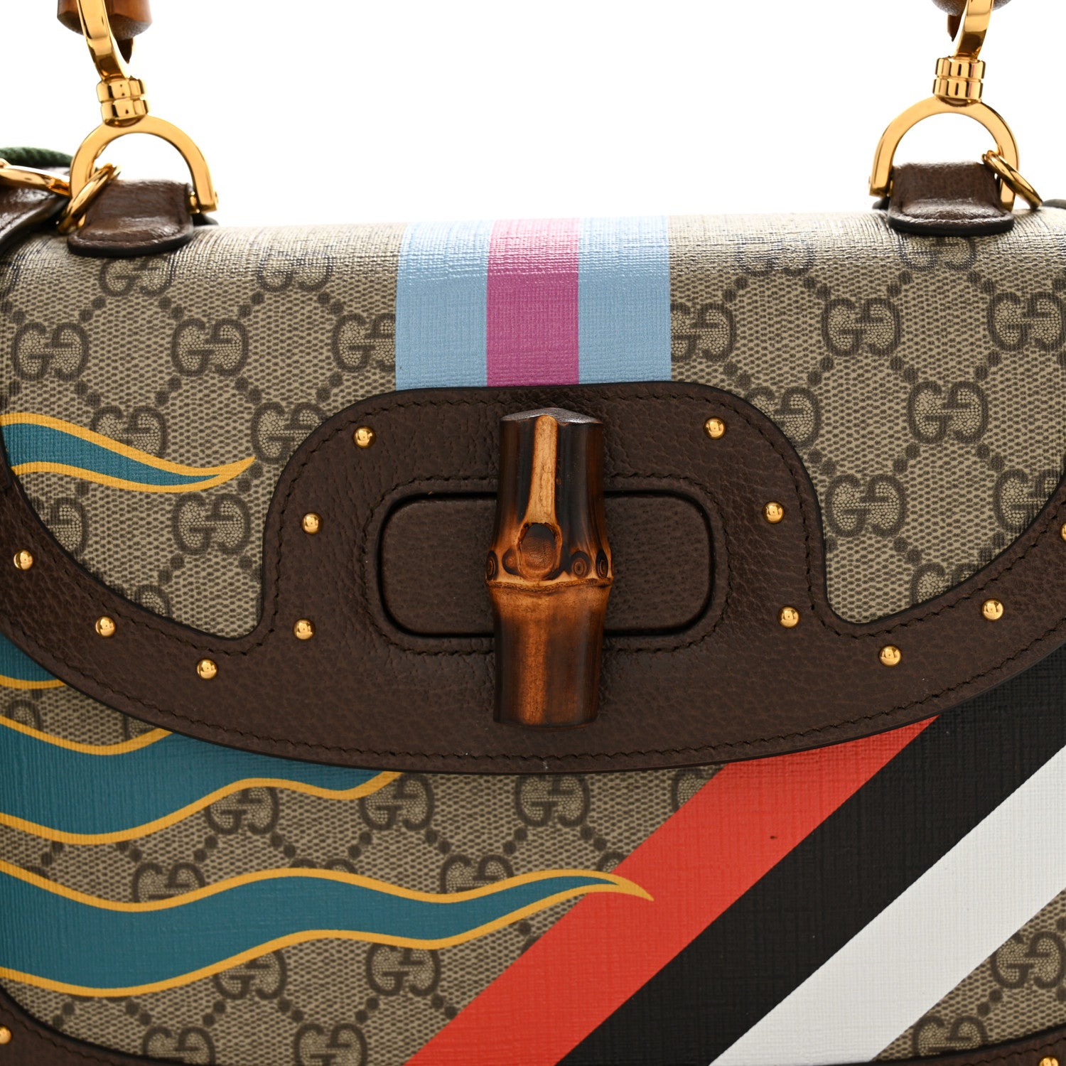 Gucci GG Supreme Monogram Studded Calfskin 100 Centennial Geometric Medium Bamboo 1947 Top Handle Bag  Beige Ebony Multicolor 8 of 11