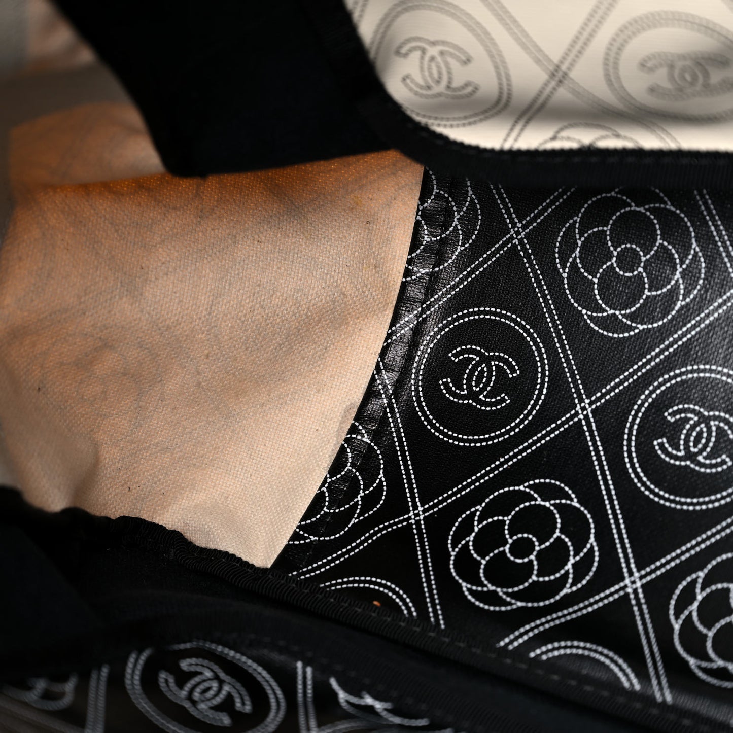 Coated Canvas Camellia Medium Shopping Tote Black Beige
