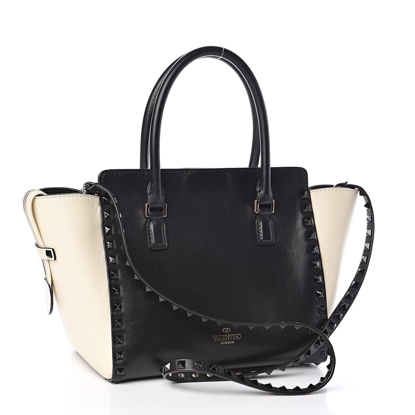 Vitello Bi-Color Small Rockstud Double Handle Tote Ivory Black