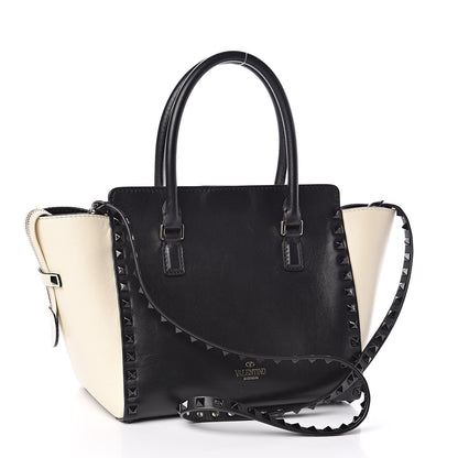 Valentino Garavani Vitello Bi-Color Small Rockstud Double Handle Tote Ivory Black 3 of 12
