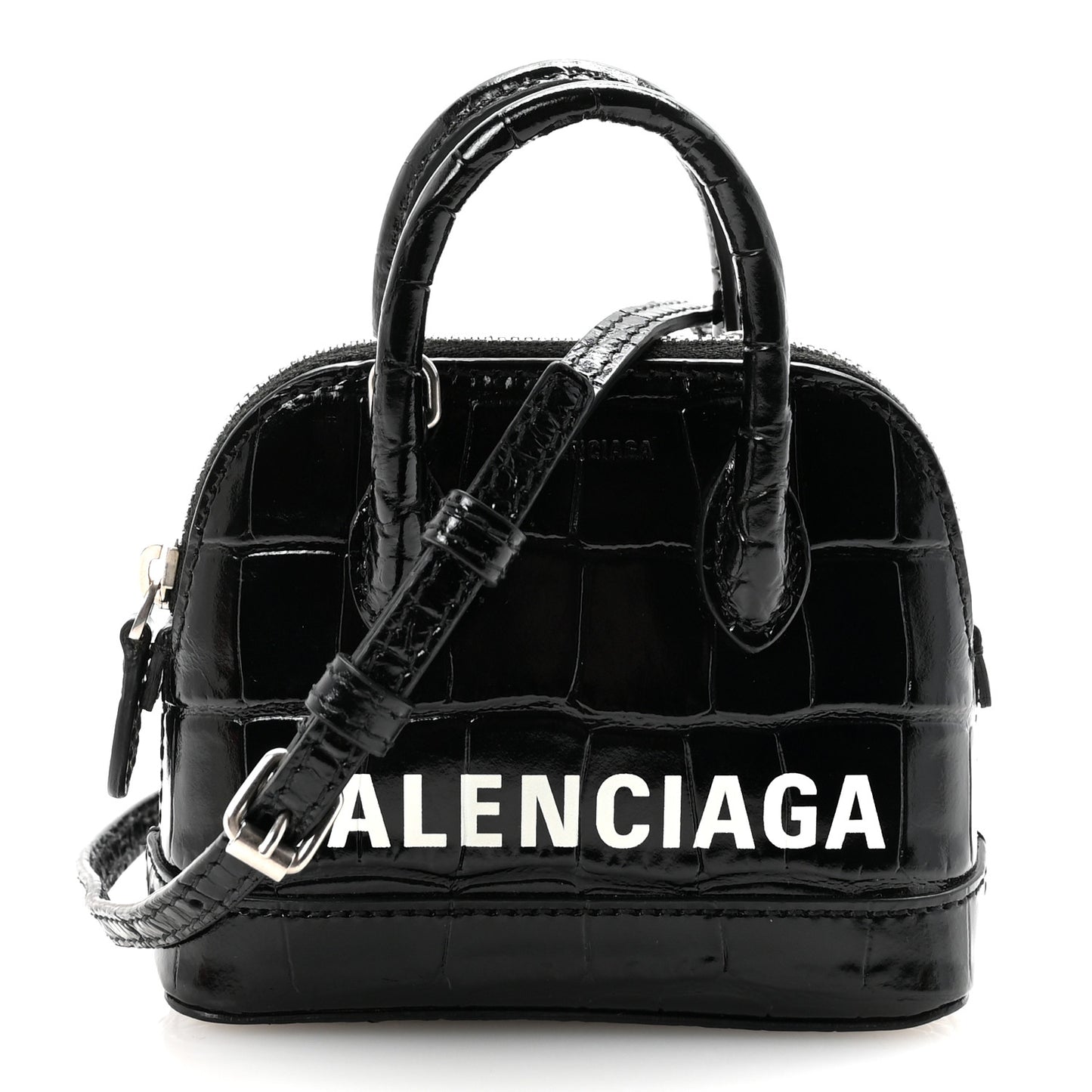 Shiny Calfskin Logo Crocodile Embossed Mini Ville Top Handle Bag Black