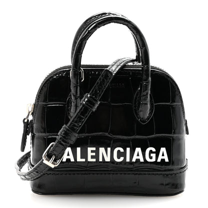 Balenciaga Shiny Calfskin Logo Crocodile Embossed Mini Ville Top Handle Bag Black 1 of 9