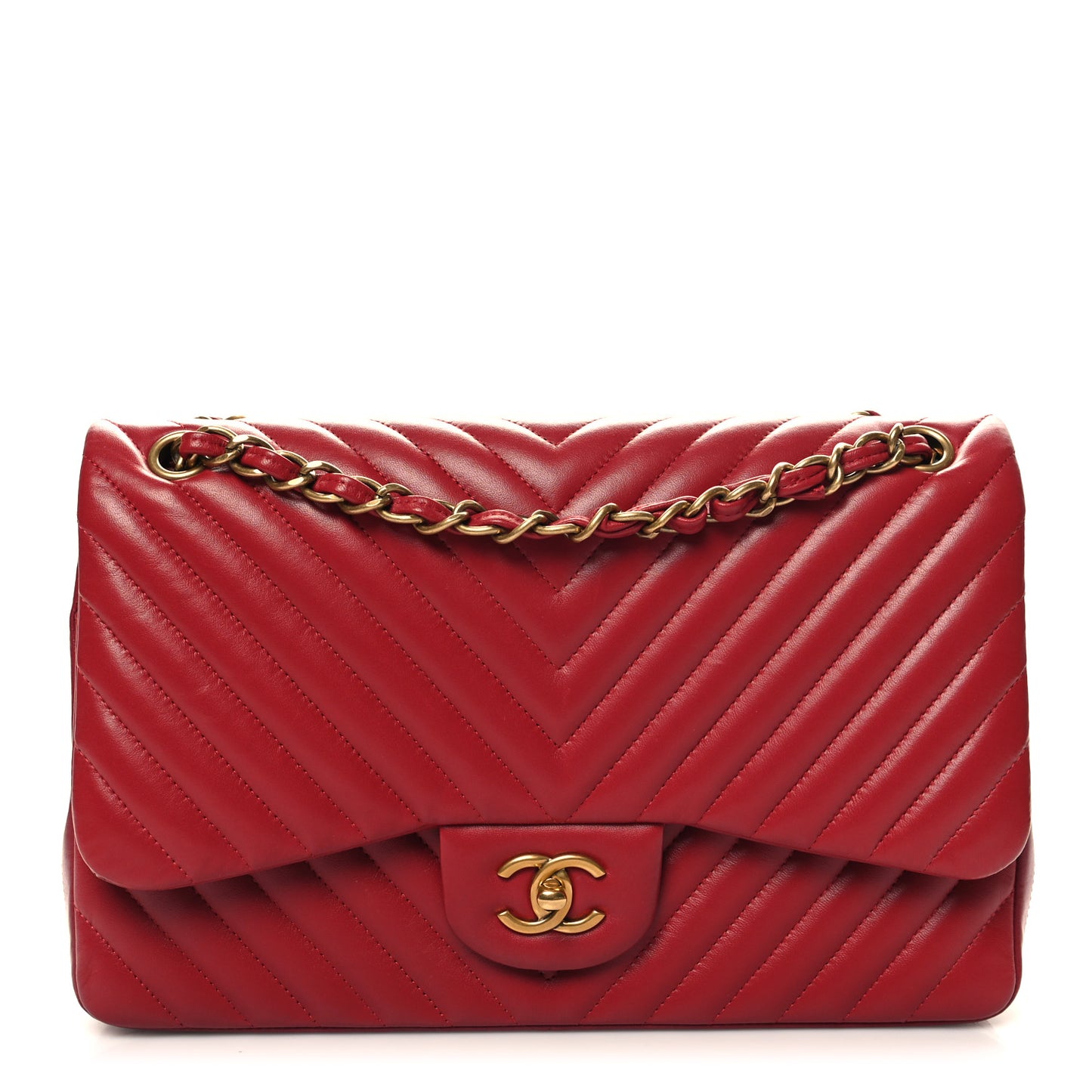 Lambskin Chevron Quilted Jumbo Double Flap Dark Red