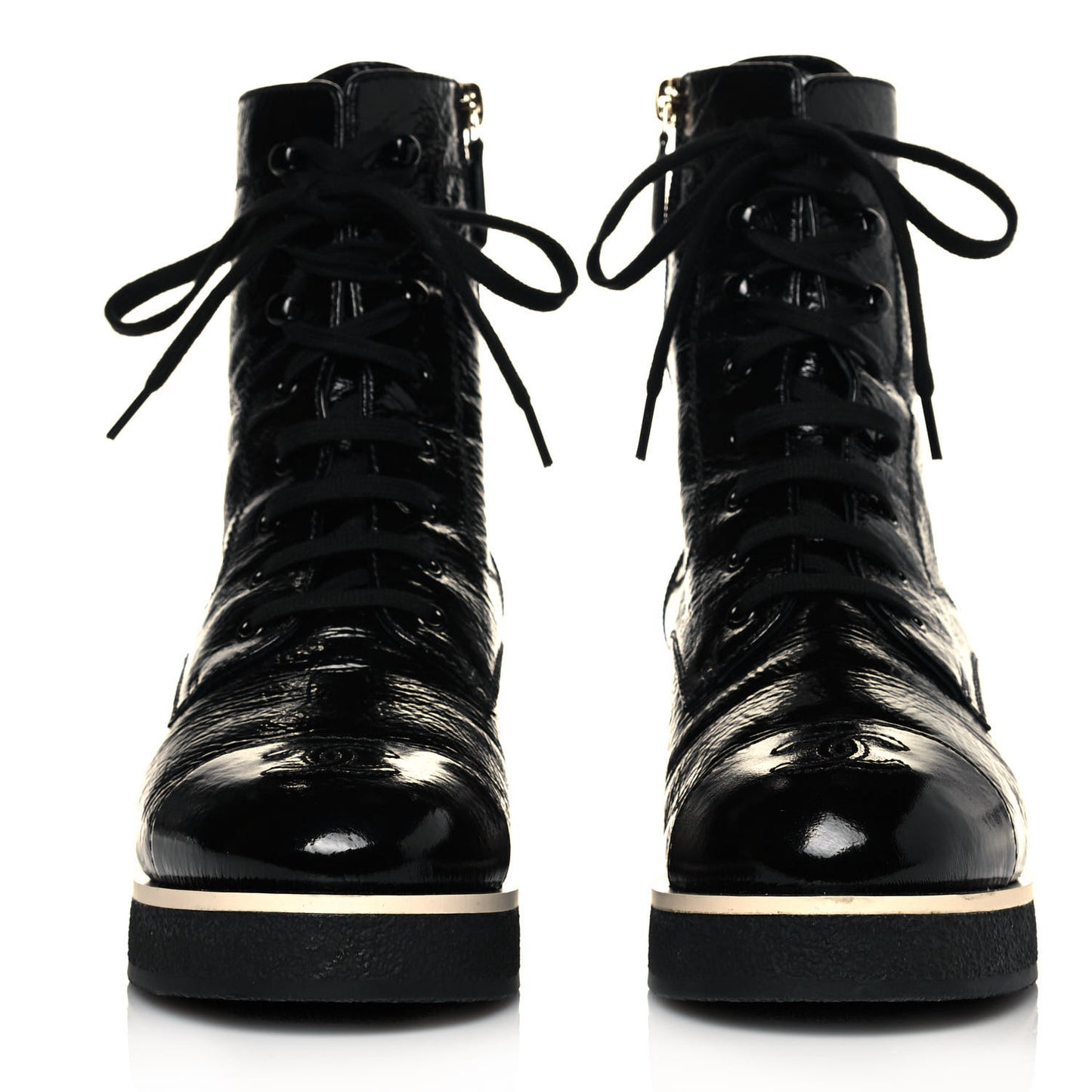 Shiny Crumpled Lambskin Lace Up Combat Boots 39.5 Black