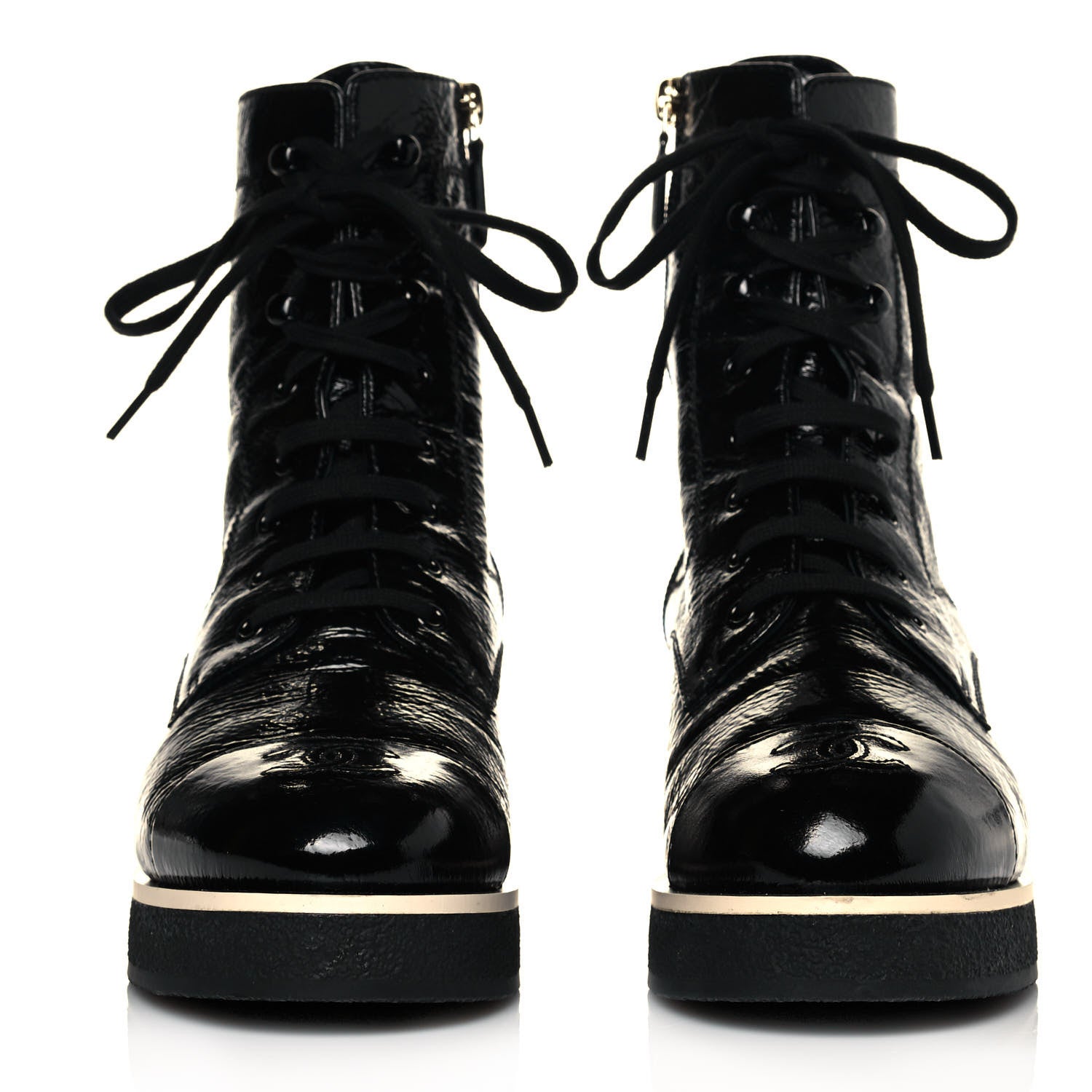 Chanel Shiny Crumpled Lambskin Lace Up Combat Boots 39.5 Black 2 of 8