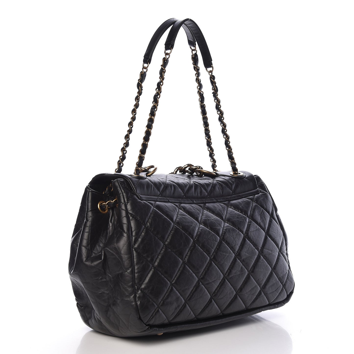 Aged Calfskin Quilted Large Pondichery Flap Black