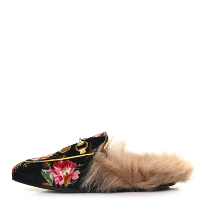 Gucci Velvet Fur Floral Womens Princetown Slippers 35 Black 1 of 4