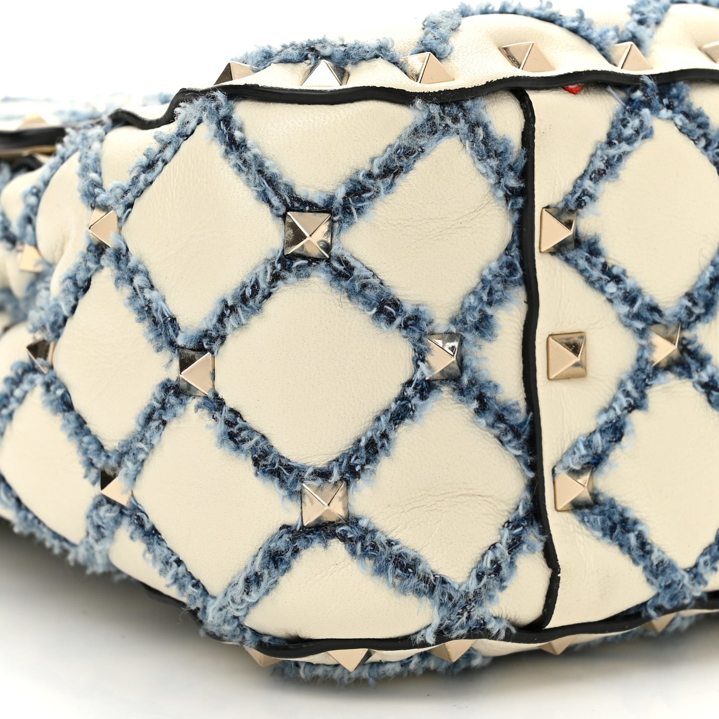 Nappa Denim Quilted Rockstud Medium Spike Shoulder Bag Ivory Blue