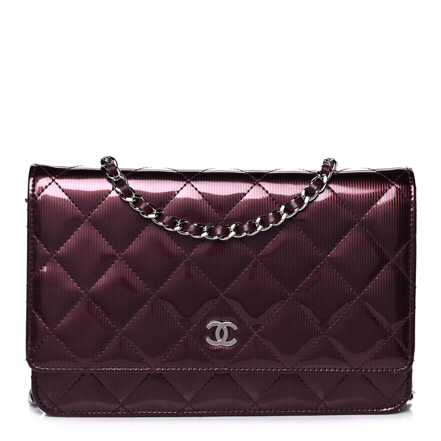 Striated Patent Quilted Wallet on Chain WOC Bordeaux