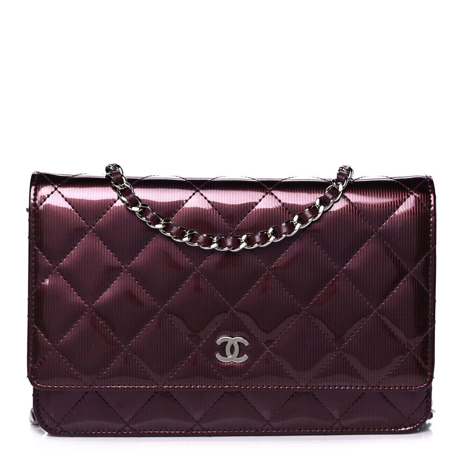 Chanel Striated Patent Quilted Wallet on Chain WOC Bordeaux 1 of 12
