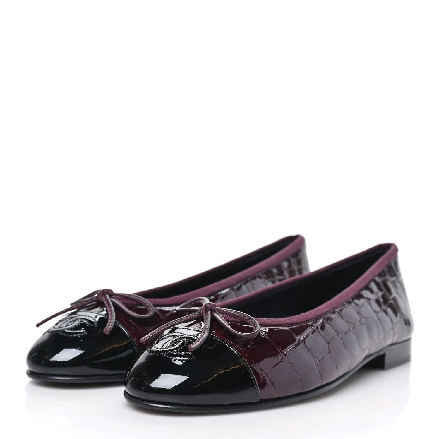 Chanel Patent Calfskin Crocodile Embossed Ballerina Flats 37 Dark Burgundy Black 4 of 9