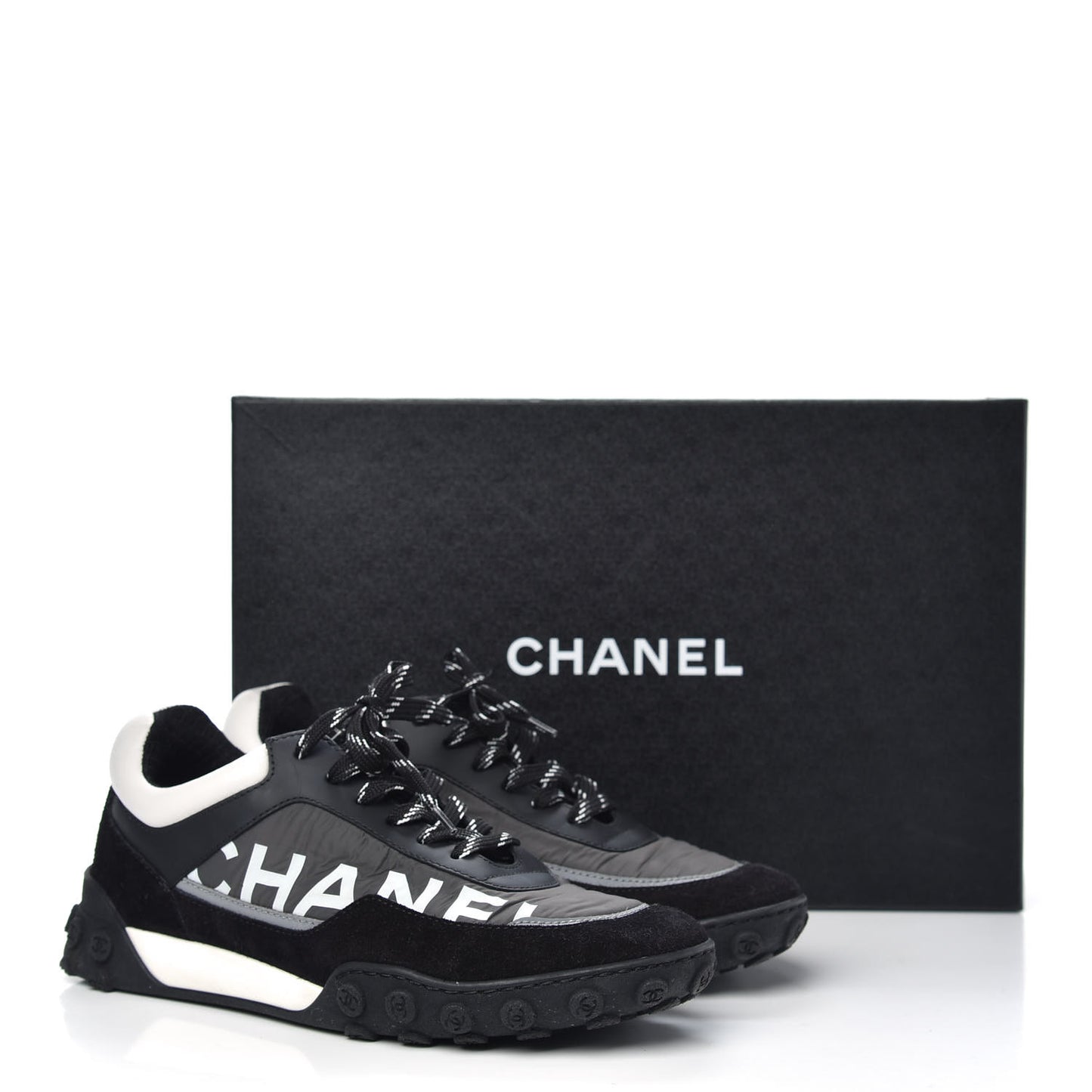 Nylon Calfskin CC Sneakers 38 Black Grey White