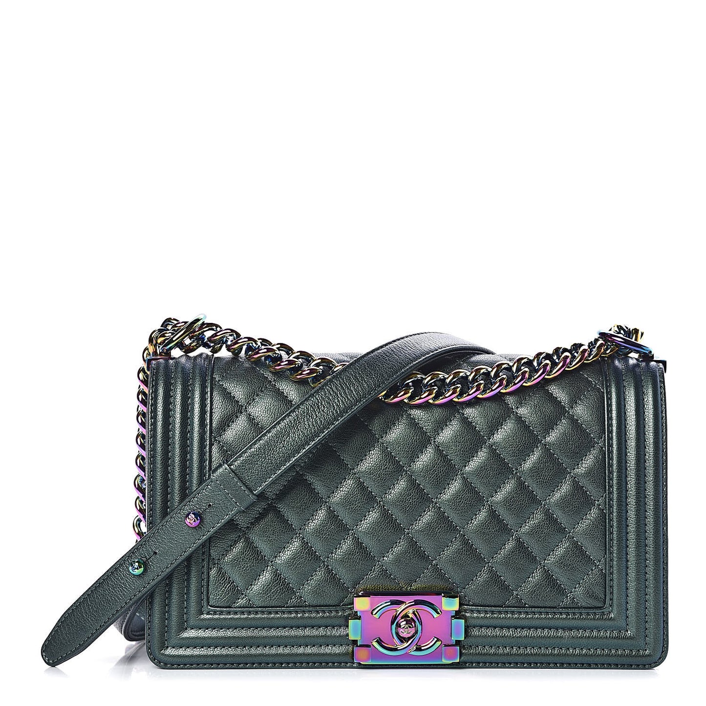 Iridescent Goatskin Quilted Medium Boy Flap Green