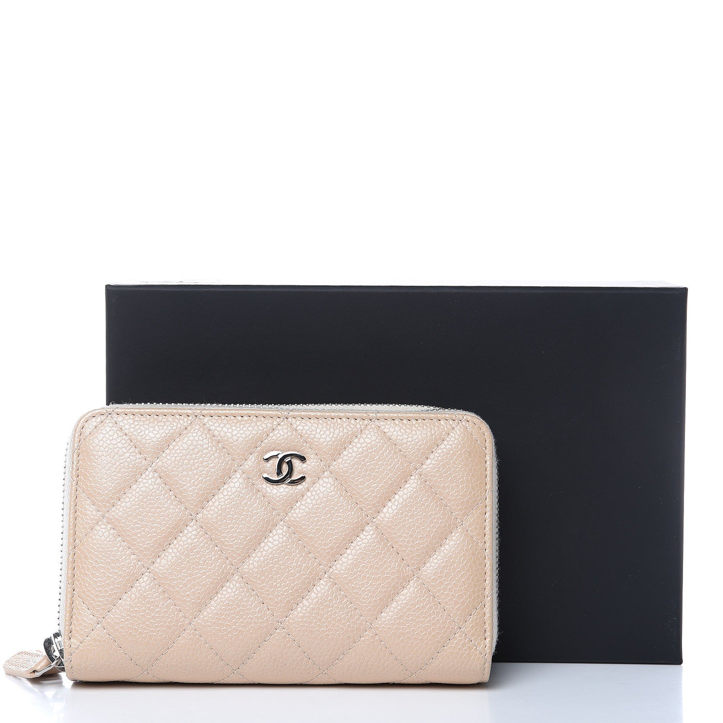 Caviar Quilted Large Gusset Double Zip Around Wallet Beige
