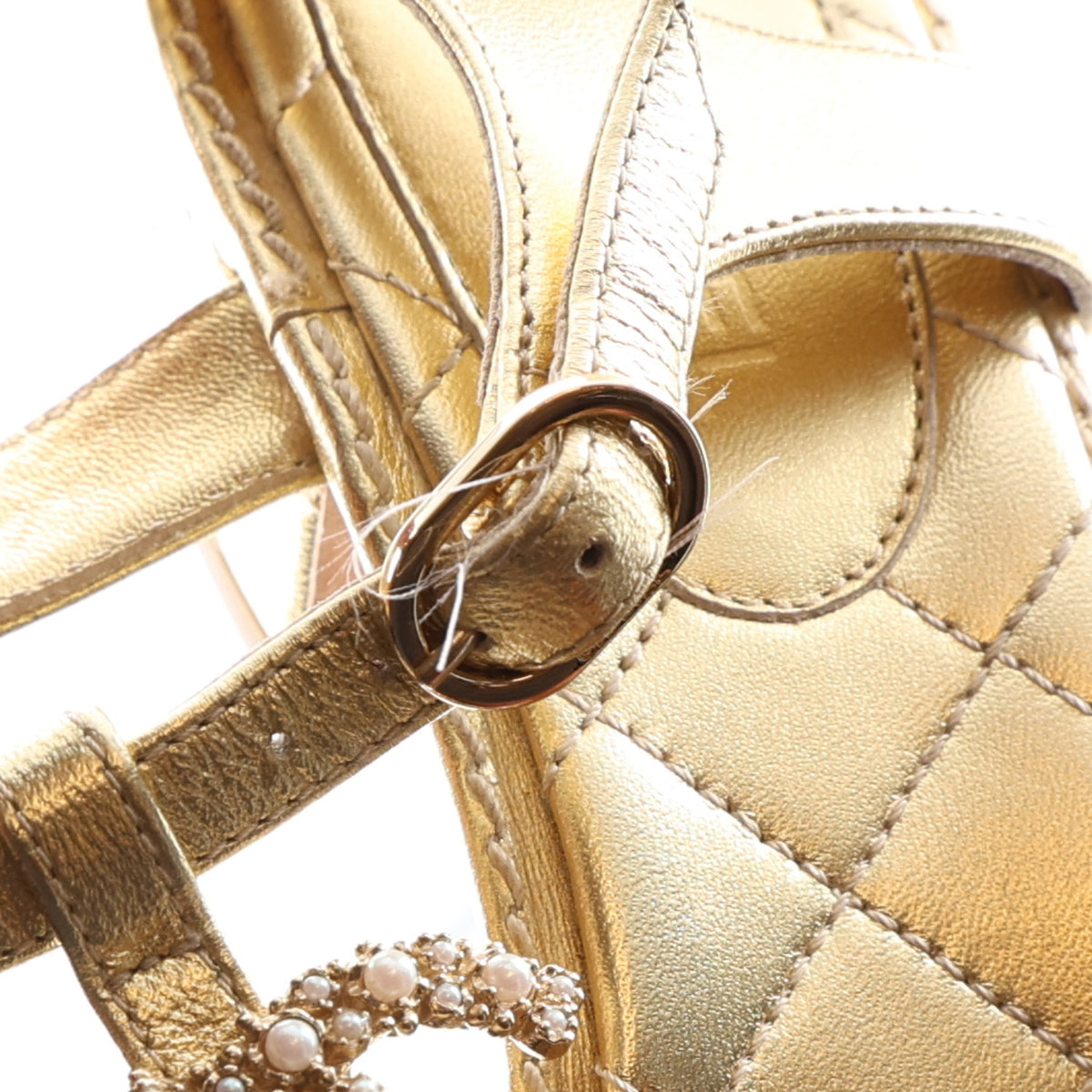 Chanel Laminated Lambskin Quilted CC Pearl Thong Sandals 39 Gold 11 of 11