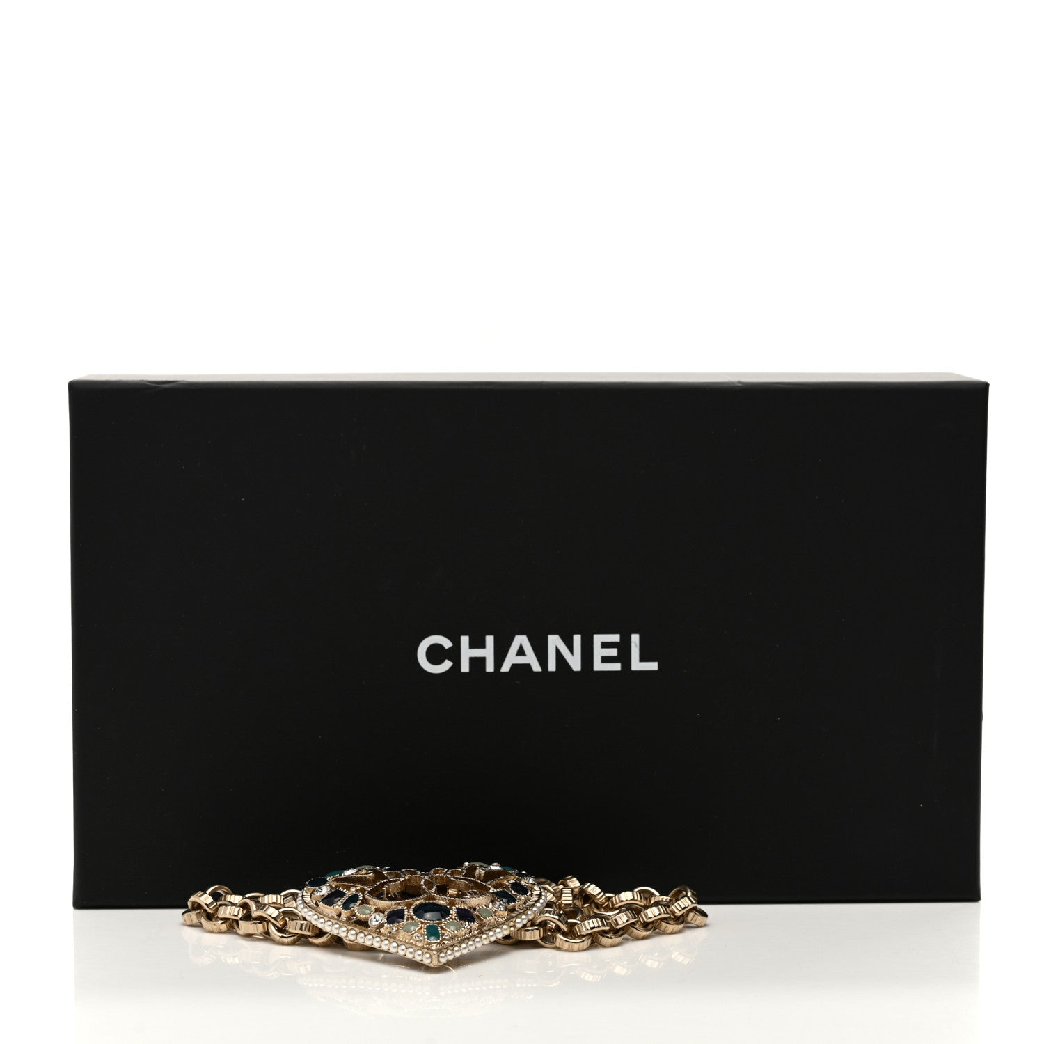 Chanel Embellished Crystal Resin Heart Peace Sign Emoji Necklace Gold Multicolor 6 of 6