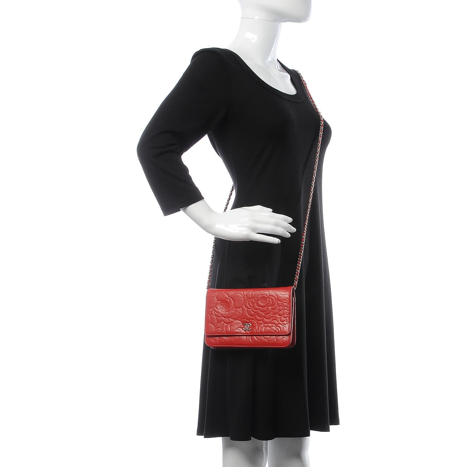Chanel Lambskin Camellia Embossed Wallet On Chain WOC Red 2 of 12