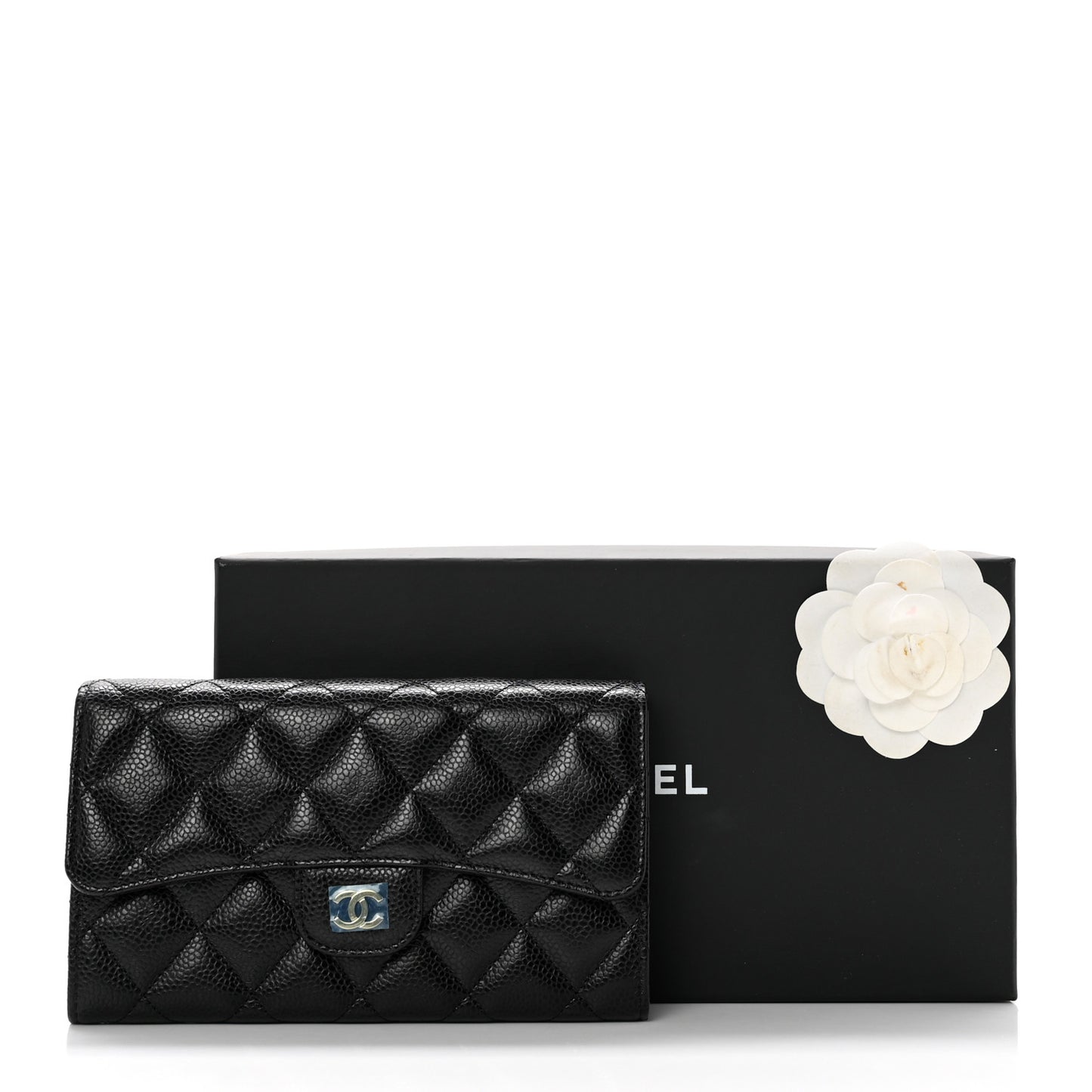 Caviar Quilted Long Flap Wallet Black