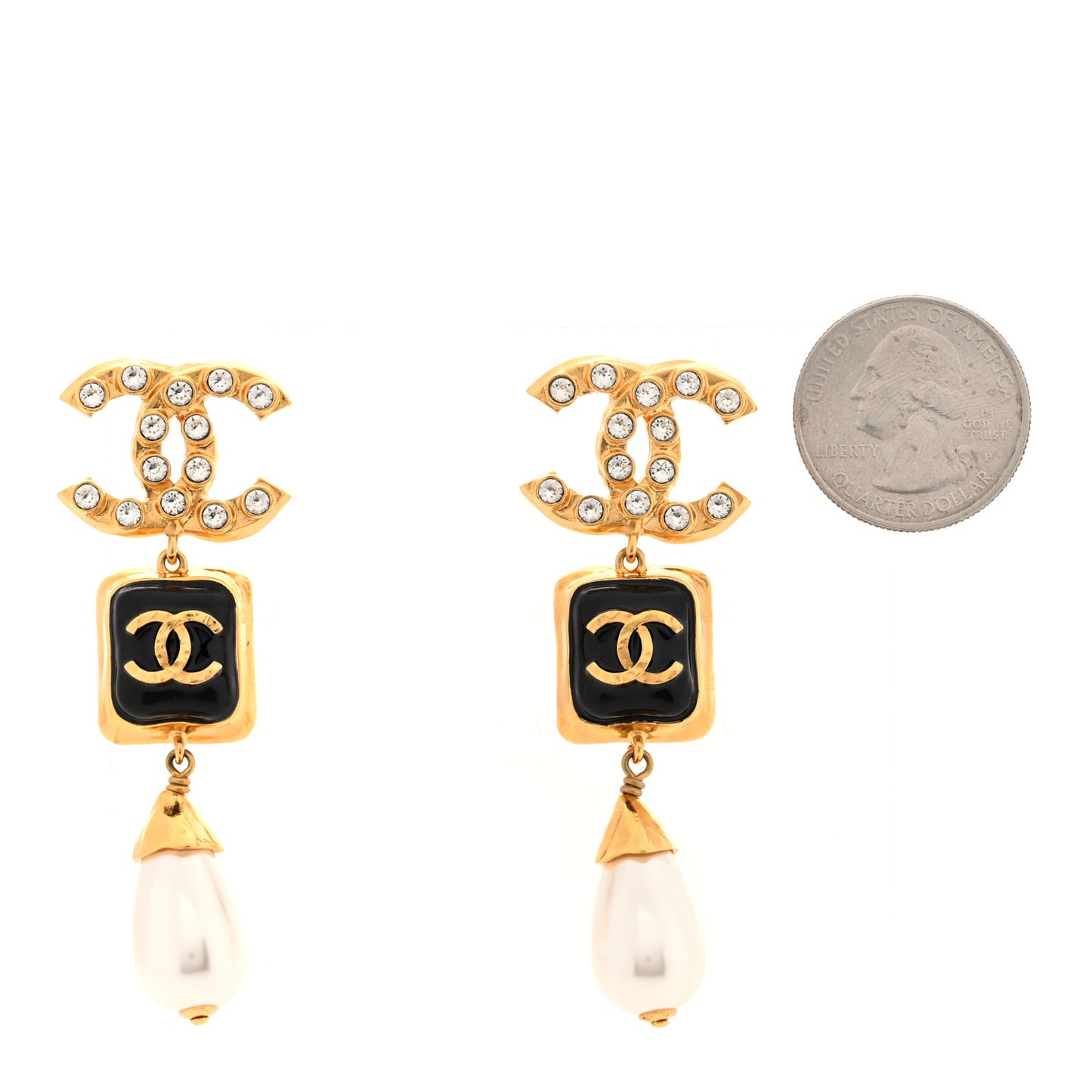 Metal Resin Pearl Crystal CC Drop Earrings Gold Black Pearly White
