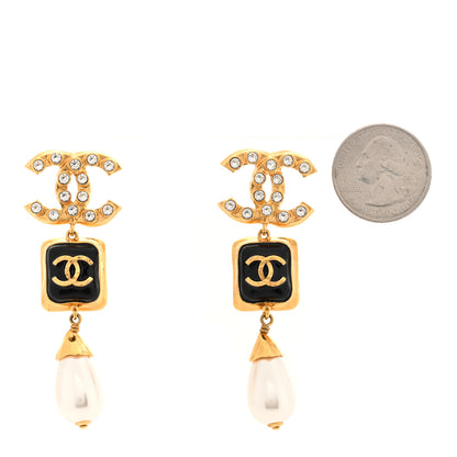 Chanel Metal Resin Pearl Crystal CC Drop Earrings Gold Black Pearly White 2 of 4