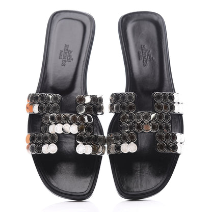 Hermes Calfskin Clou De Selle Oran Sandals 37 Black 5 of 10